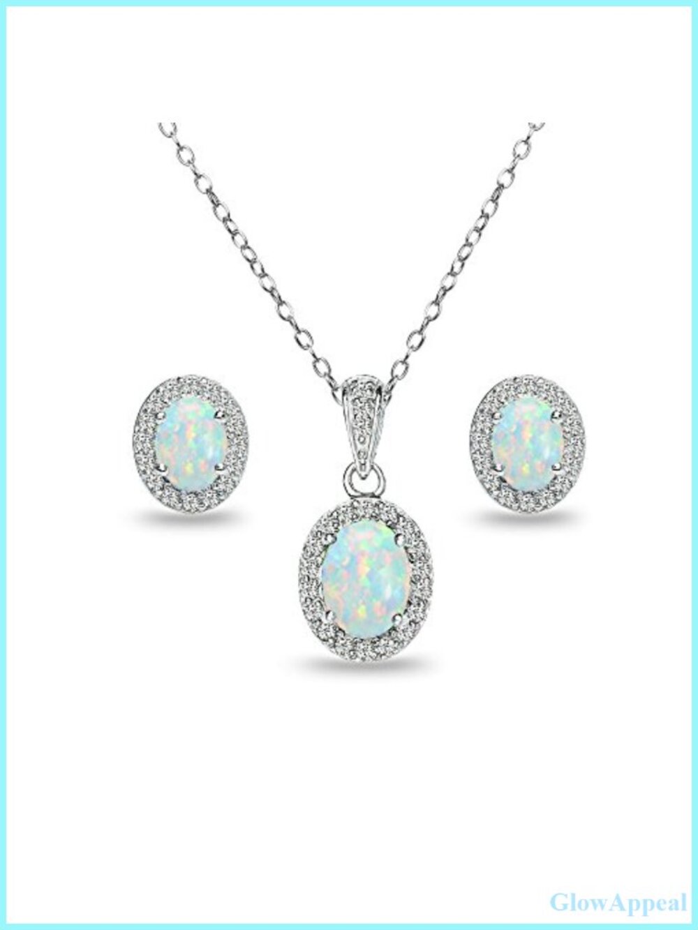 Sterling Silver Opal Halo Necklace & Earrings Jewelry Set Women